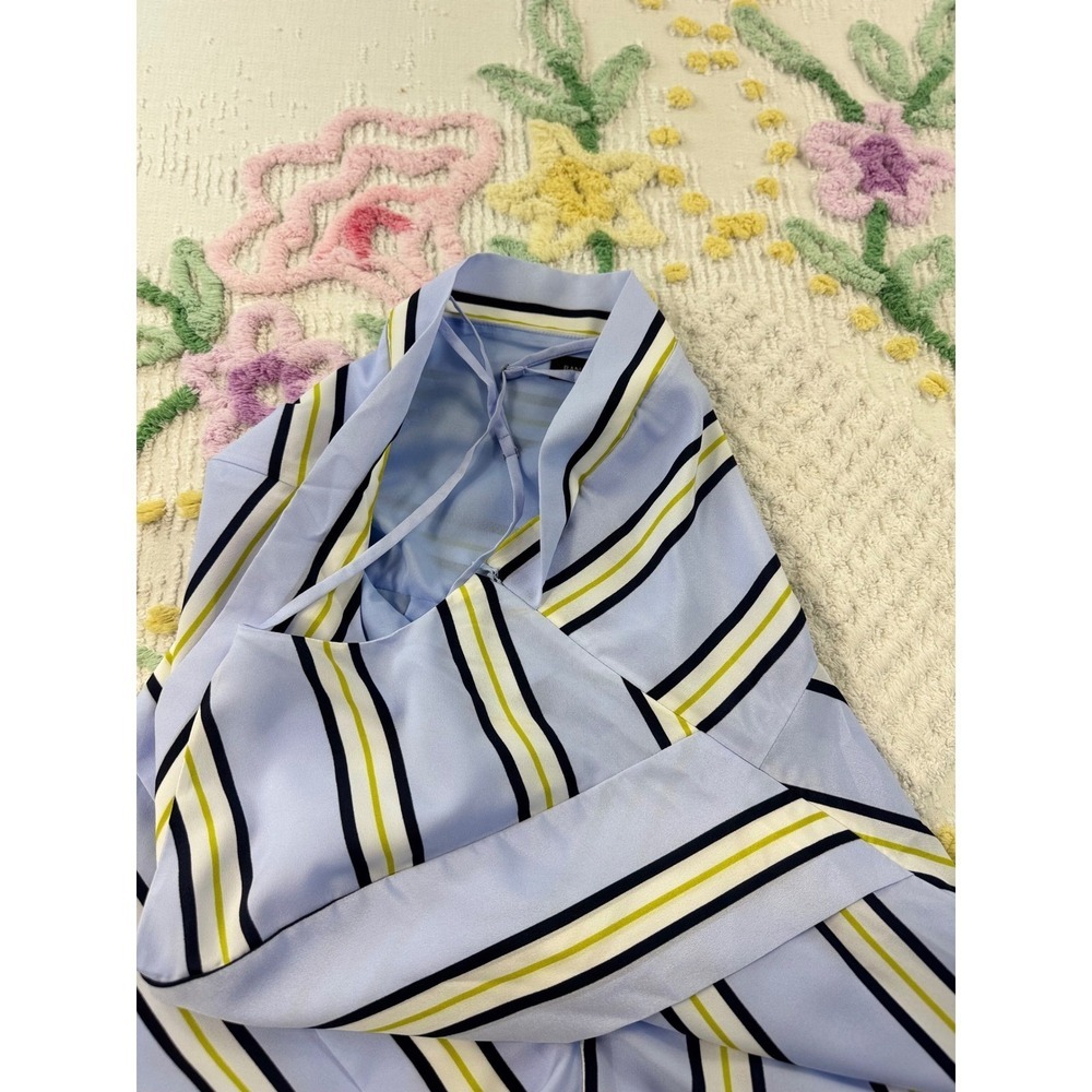 Banana Republic Dress Petite 10 Blue Yellow Black Striped Sleeveless Asymmetric - Picture 10 of 10